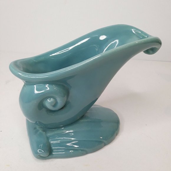 Vintage HAEGER Pottery Planter Blue Aqua Turquoise Clam Shell Wave Green Foil - Picture 7 of 12